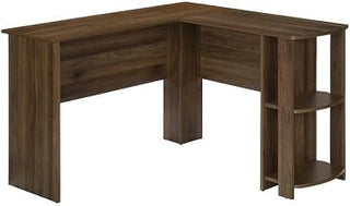 Laminate Computer Desk with L-Shaped Corner Design and Storage Shelves, Home Office Work Desk Small Corner Workstation, Walnut