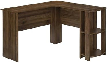 Laminate Computer Desk with L-Shaped Corner Design and Storage Shelves, Home Office Work Desk Small Corner Workstation, Walnut