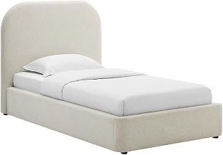 Furnifact Fabric-Upholstered Curved Platform Bed with Cloud Headboard, Twin Upholstered Bed Frame Boucle Soft Bed Frame for Bedroom, Heathered Weave Ivory