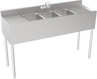 Krowne 18-53C Silver Series Three Compartment Sink with Left and Right Drainboards, 60" W x 18.5" D, (3) 10"D x 14"W x 10"H Bowl Size, (3) 1-1/2" drains