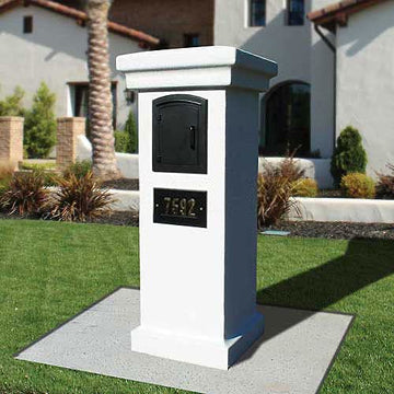 Manchester Stucco Locking Column Mailbox by Qualarc – 26.5"L x 26.5"W x 60"H, stucco, Slate Gray, W/Black, Model STUCOL-1400-GY-BL