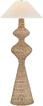 Troy Lighting Walter Floor Lamp | Patina Brass Finish | Woven Water Hyacinth Body | Off White Linen Shade | Organic Modern Plug-in Floor Light | 28" W x 67.5" H | PFL1768-PBR