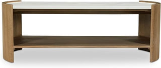 Fern Coffee Table, Oval, White Banswara Marble Top, Solid Oak Legs, Lower Display Shelf, White