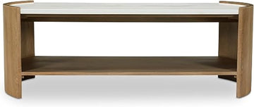 Fern Coffee Table, Oval, White Banswara Marble Top, Solid Oak Legs, Lower Display Shelf, White