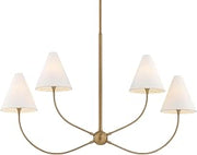 Troy Lighting Evermore 4-Light Linear Chandelier | Patina Brass | Off-White Linen Shades | Nature-Inspired Design | Graceful Arched Arms | Rectangular Steel Frame | Damp Rated | Model F1948-PBR