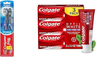 Colgate 360 Floss Tip Battery Powered Toothbrush, Sonic Toothbrush with Soft Bristles & Optic White Advanced Teeth Whitening Toothpaste, 2% Hydrogen Peroxide Toothpaste
