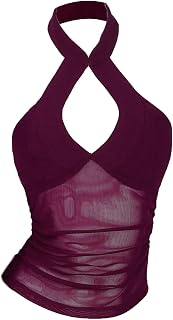 Women's Halter Tank Top Sheer Mesh Cut Out Crop Backless Tops