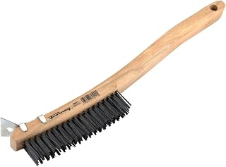 Forney 70511 Wire Scratch Brush, Carbon Steel with Curved Wood Handle & Metal Scraper, 13-11/16"-by-.014"