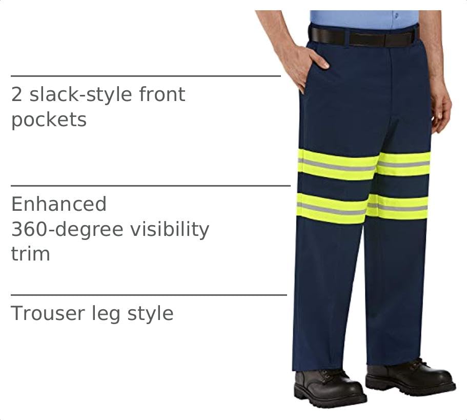 Men's Stain Resistant Enhanced Flat Front Work Pants by Red Kap – Polyester, Navy With Yellow/Green Visibility Trim, Model PT20EN 38 30-EN-38W x 30L