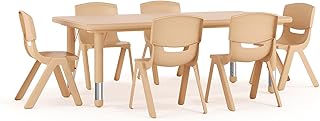 Flash Furniture 48x24 in Rectangular Activity Table with 6 Chairs, Natural | Height Adjustable Table, Plastic, Durable Construction, Commercial Use