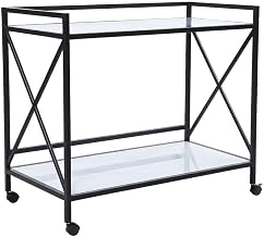 Furnifact Metal Bar Cart with Tempered Glass Shelf, Powder-Coated Two-Tier Rolling Beverage Trolley for Living Room or Dining Room and Kitchen
