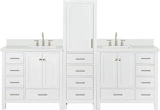 ARIEL Cambridge 94 Inch Includes 1PCS 20 Inch Linen Cabinet, 2PCS 37 Inch Single Rectangle Sink Bathroom Vanity with Pure White Quartz Countertop 1.5 Inch in White