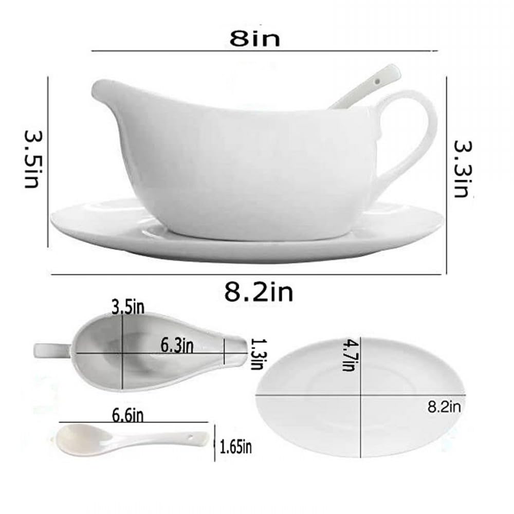 Qlans Ceramic Gravy Boat With Ladle, 17 Ounces, White