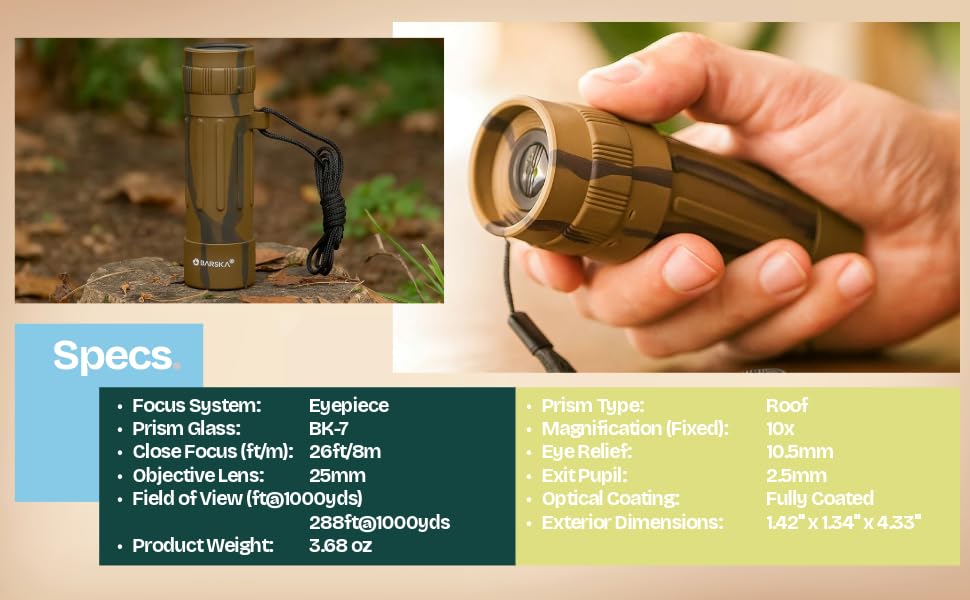 Lucid 10x25 Monocular Binocular (Camouflage) by Barska – Rubber, Camouflage, Model AA10194