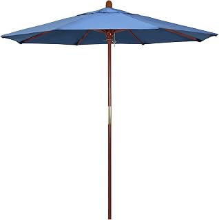 California Umbrella 7.5' Round Hardwood Frame Market Umbrella, Stainless Steel Hardware, Push Open, Olefin Forest Blue