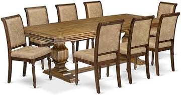 Furnifact Solid Wood Dining Table 9 Piece Set, High-Back Upholstered Chairs Kitchen Table and Chairs Dining Room Set for 8, Beige