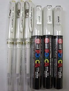 Signo UM-153 Broad Point Gel Impact Pen, 1.0mm White (3 pack) / Uni-Ball Posca Marker PC-1M Paint Glass Pen Extra Fine, 0.7mm White (3 pack) Value Set