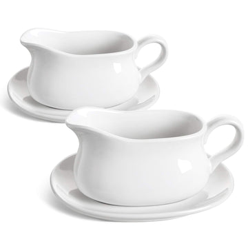 Le Tauci Gravy Boat with Saucer, Set of 2, Ceramic, 17 oz, White