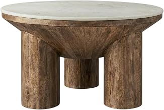 Furnifact Brown 33-Inch Round Wood Coffee Table with Marble Top, Elegant Design, Sturdy Construction, Stylish Living Room Accent Piece