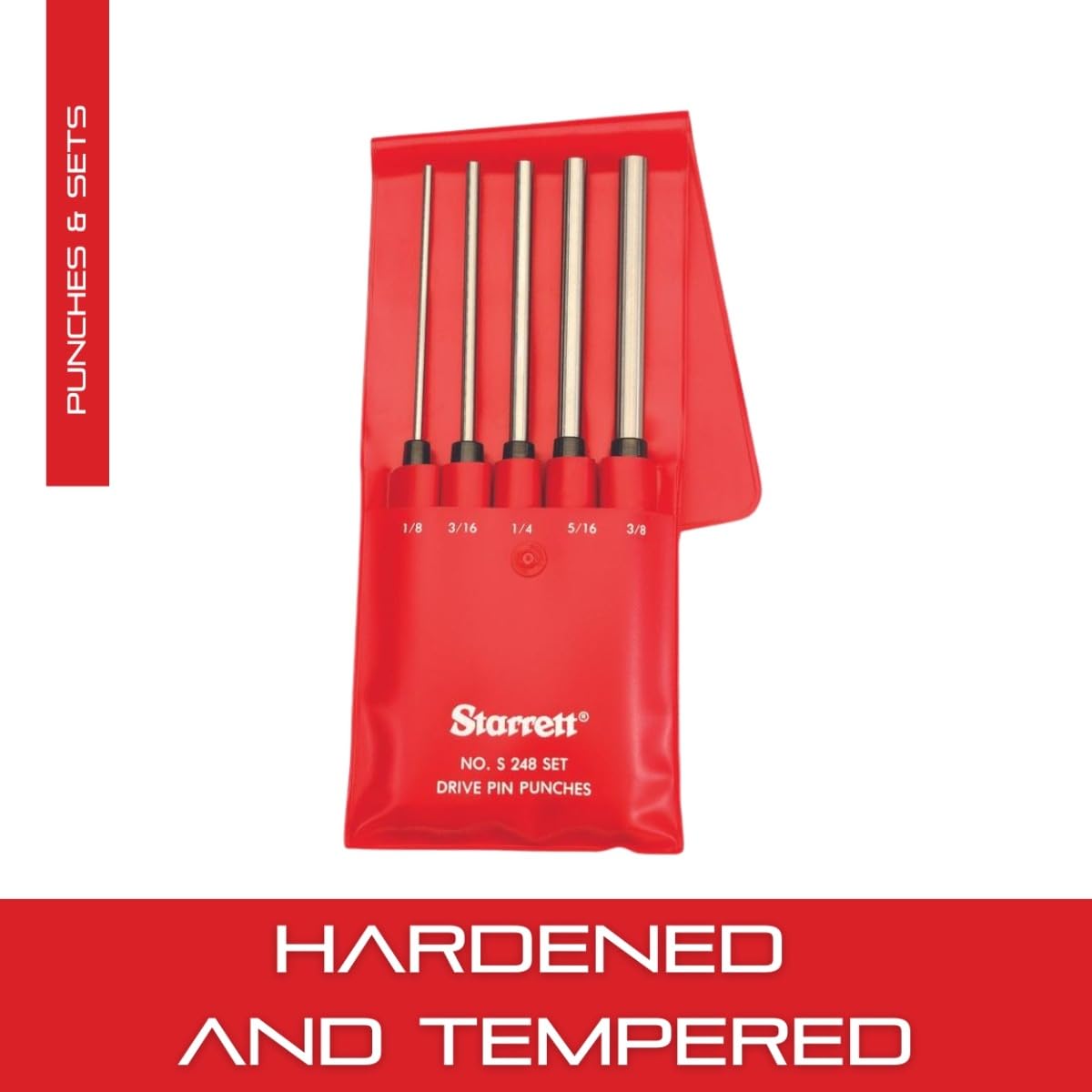 Extra-Long Drive Pin Punch Set by Starrett – 5 Piece Set, Alloy Steel, Chrome, Model S248PC