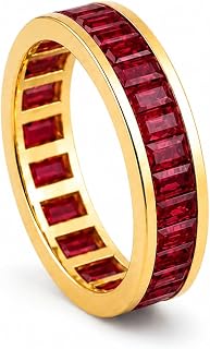 Baguette Cut Red Ruby Channel Set Eternity Band For Women 14K Yellow Gold Full Circle Statement Wedding Ring July Birthstone Fine Jewelry Gift For Her