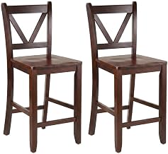 Furnifact Solid Wood Counter Height Bar Stools with V-Back, Set of 2 Kitchen Island Stools for Farmhouse Barstool Seating, Walnut