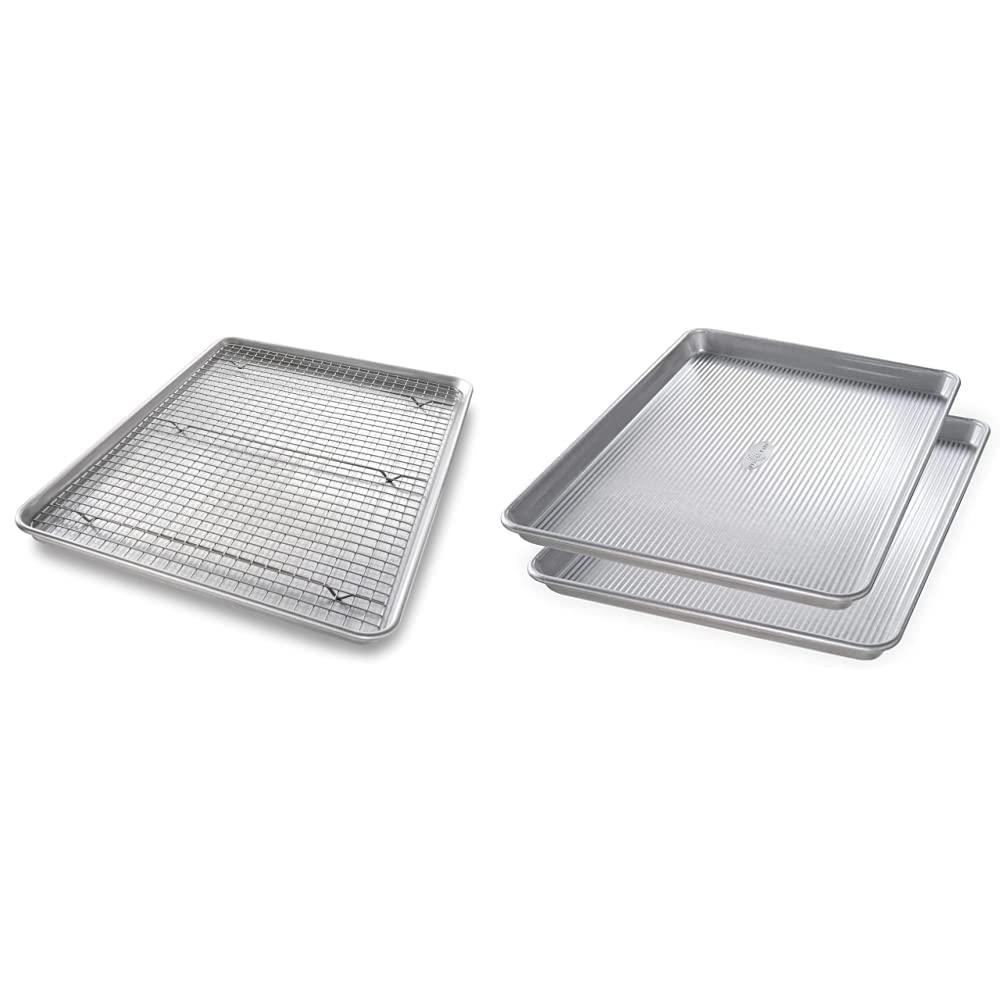 1607CR Bakeware Extra Large Sheet Baking Pan and Bakeable Nonstick Cooling Rack Set by USA Pan – Metal, Silver