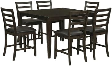 Furnifact Solid Wood Faux Leather-Upholstered Ladder-Back Dining 7 Piece Set, Counter Height Square Bar Table and Kitchen Chairs