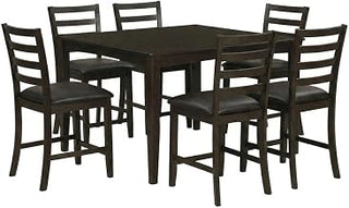 Furnifact Solid Wood Faux Leather-Upholstered Ladder-Back Dining 7 Piece Set, Counter Height Square Bar Table and Kitchen Chairs