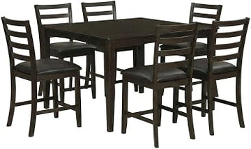 Furnifact Solid Wood Faux Leather-Upholstered Ladder-Back Dining 7 Piece Set, Counter Height Square Bar Table and Kitchen Chairs