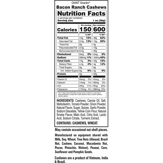 Bacon Ranch Flavor Cashews by GIANTS – 4 Ounces