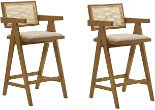Furnifact Woven Rattan Wood Bar Stool Set of 2 Light Walnut Mid-Century Modern Design Brown Polyester Cushioned Seats Durable Steel Frame Comfortable Seating