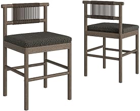 Modway Eleni Set of 2 Outdoor Teak Wood Counter Stools with Rope Backrests in Weathered Gray Flint - Patio Counter Height Stools with Sunproof Foam Cushions