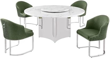 5 Piece White Marble Dining Set with Stainless Steel Base