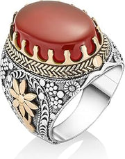 925 Sterling Silver King's Crown Motif Claret Red Aqeeq (Agate) Stone Sides Floral Pattern Authentic Tumbled Vintage Flamboyant Men's Ring