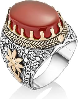 925 Sterling Silver King's Crown Motif Claret Red Aqeeq (Agate) Stone Sides Floral Pattern Authentic Tumbled Vintage Flamboyant Men's Ring