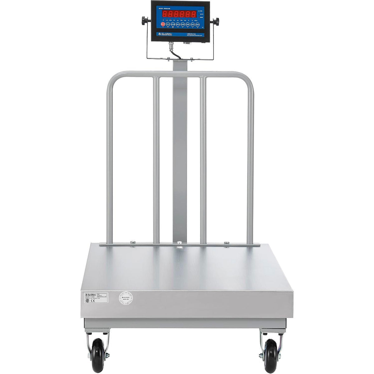 NTEP Mobile Bench Scale with Backrail and LED Display by Global Industrial – Steel Frame/Stainless Steel Pan, Silver, Model OP-915BW-2432-1000 LED-PL