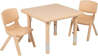 Flash Furniture 24 in Plastic Square Activity Table with 2 Chairs, Natural | Height Adjustable Table, Plastic, Durable Construction, Commercial Use