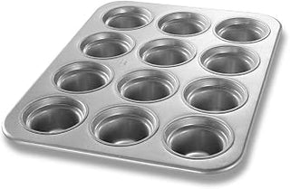 Chicago Metallic Glazed Aluminum Large-Crown 12 Cup Muffin Pan | 13-1/2" x 17-7/8" overall, makes (12) 3-1/2" dia. muffins, 7.3 oz. capacity each, wire in rim, hand wash recommended