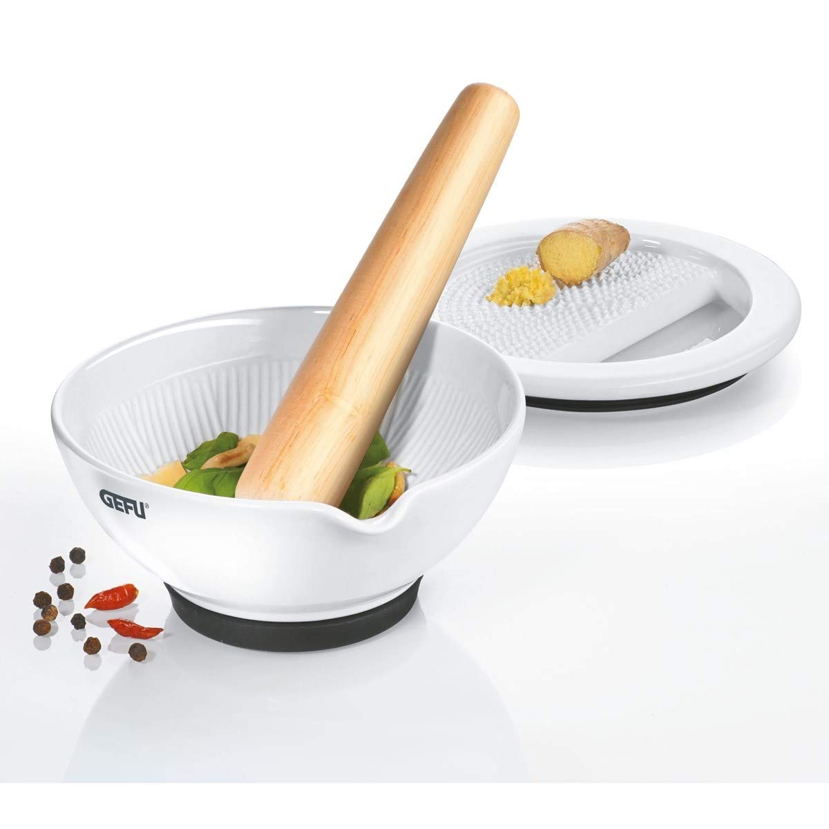 Porcelain Mortar with Grater Suri by GEFU – 14 x 14 x 6.5 cm, Ceramic, White, Model GF35340