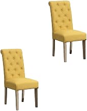 Furnifact Solid Wood Button-Tufted Parsons Dining Chairs Set of 2, Upholstered Fabric Chair for Kitchen and Dining Room Table, Yellow