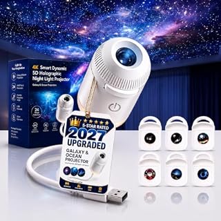 2027 Upgraded Hd Smart Dynamic 5d Holographic Night Light Projector - Plug and Play Hd Star Projector, 360° Adjustable Hd Galaxy and Ocean Projector for Bedroom Ceiling (6 Projection Films)