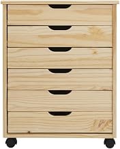 Furnifact Natural Wood Dresser Cart, 6-Drawer Solid Elliotis Pine Bedroom Dresser with Durable Construction and Brown Finish