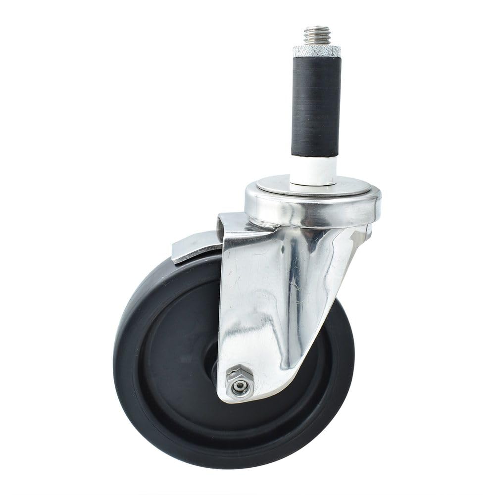 BK Resources 5" Polyolefin 1" Expanding Stainless Steel Stem Swivel Caster for Work Tables with Top Lock Brake – 5", Silver, Model 5SS-1RA-LDP-TLB