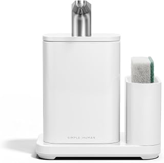 simplehuman Pulse Pump with Sponge Caddy, 16 oz Manual Dish Soap Dispenser for Kitchen Sink, Smooth & Precise Push-Down Action, No-Drip Spout, Integrated Sponge Holder, White Steel