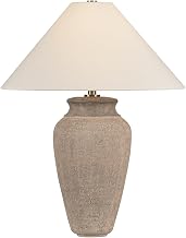 Troy Lighting Vessel 1-Light Table Lamp | Patina Brass | White Linen Shade | Textural Umber Ceramic Base | Ancient Roman Pottery-Inspired Design | Handcrafted Sculptural Style | Model PTL1729-PBR/CTU