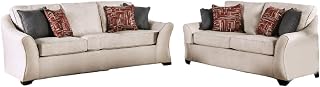 Benjara Nyrah 2pc Sofa Loveseat Set, Ivory, 8 Accent Pillows, Solid Wood and Linen-Like Fabric