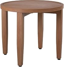 Brown Outdoor Patio End Table with Aluminum Frame in Teak Wood Look, Contemporary Style, 18-Inch Square, Lightweight and Durable