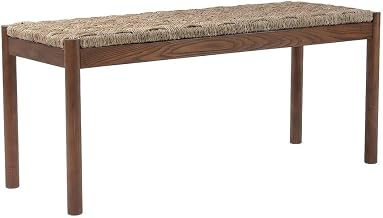 Furnifact Seagrass-Woven Acacia Bench with Stained Wood Legs, Coastal Entryway Seat for Dining Room, Living Room or Bedroom Use