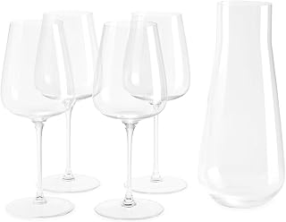 Fable Premium Wine Set - Includes 4 Crystal Wine Glasses and 1 Durable Glass Carafe - Dishwasher Safe Crystalware Bundle with Matching Carafe, Clear